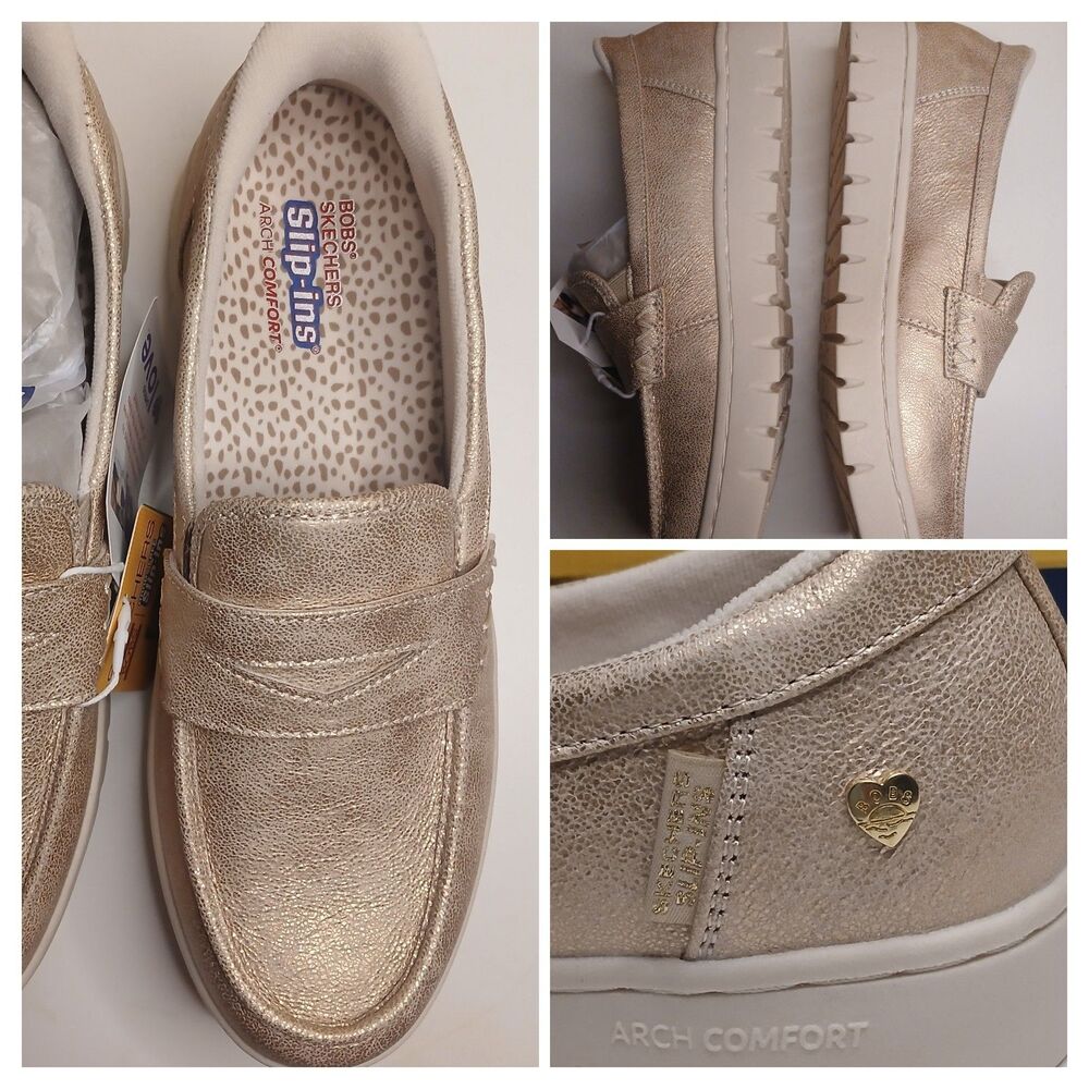 Skechers Womens Sz 9 Slip-ins Gold Metallic BOBS Arch Comfort Sunfest Loafer NWT